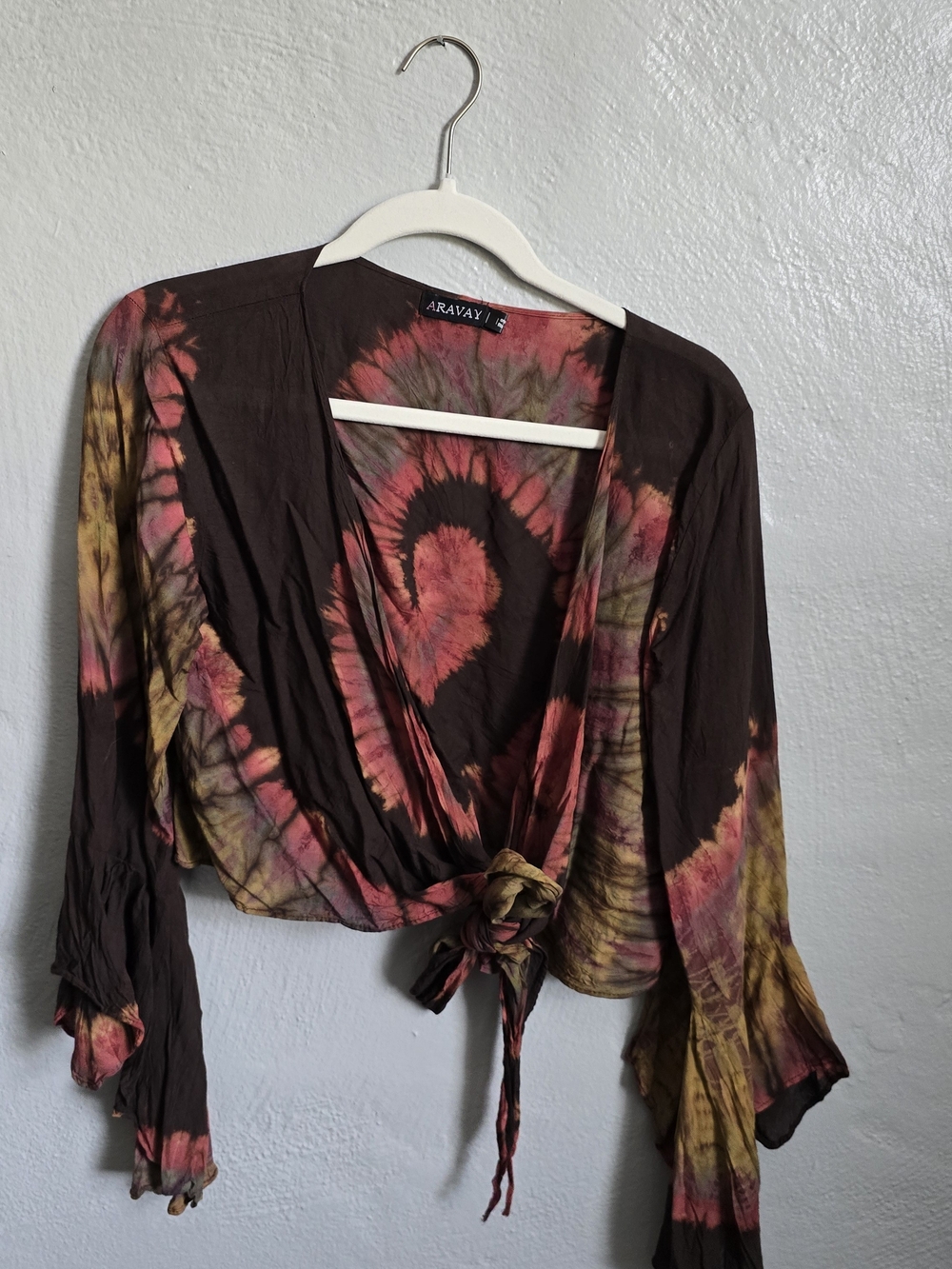 Tie-Front Tie-Dye Wrap Top in Brown and Pink